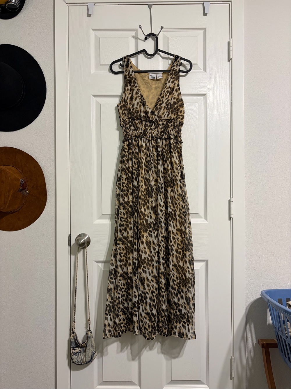 Smocked V-Neck Leopard Print Midi Dress in Brown